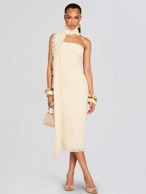 $568 NWT SEROYA Lott Boucle Midi Dress w Scarf Eggshell XS